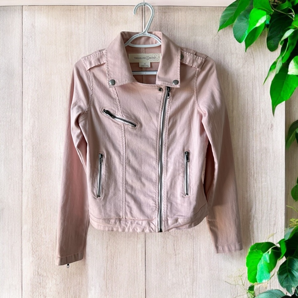 Treasure & Bond Pink Denim Moto Jacket Stretch Grunge Biker Barbie Womens Sz XS